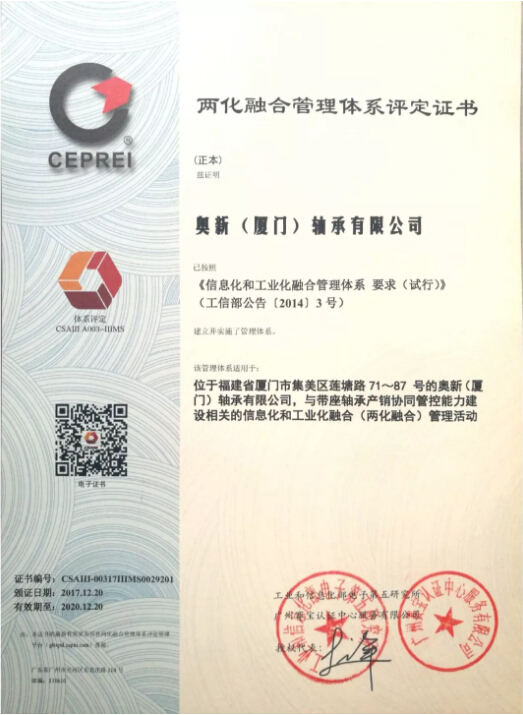 Tochtergesellschaft Ao Xin Bearing erhält das IIIMS-Zertifikat